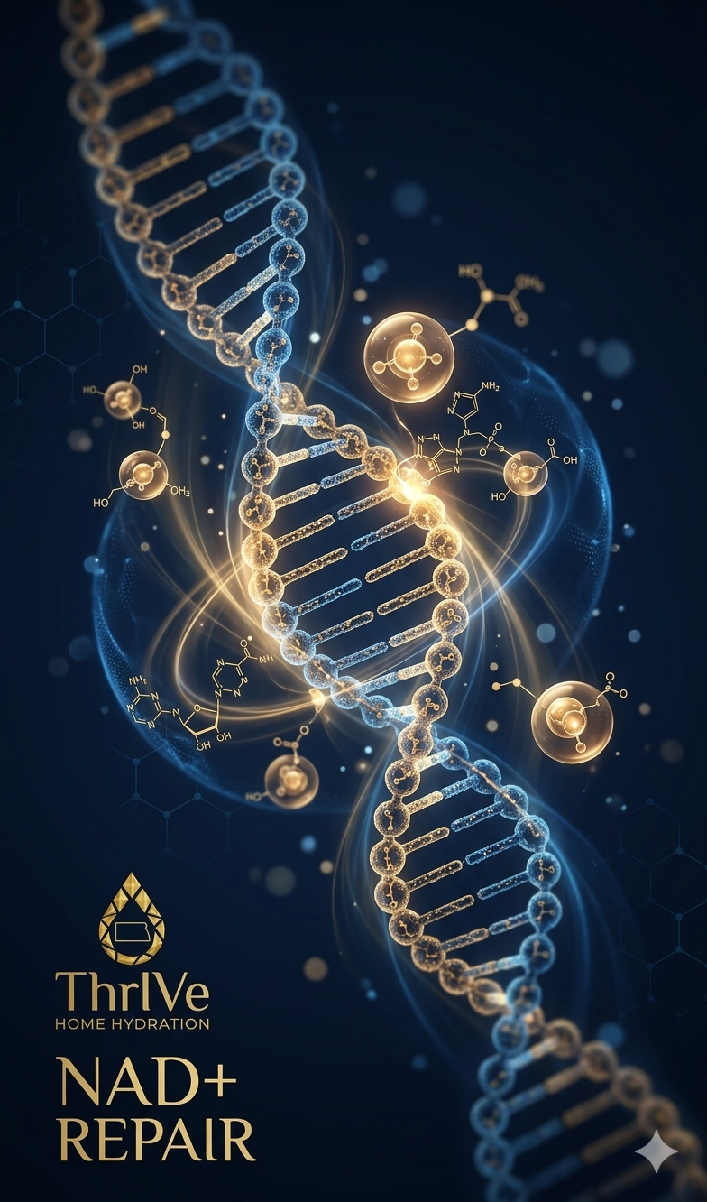 Illustration of a DNA double helix with molecular structures, glowing particles, and biotech branding for Thrlve Home Hydration, NAD+ Repair.