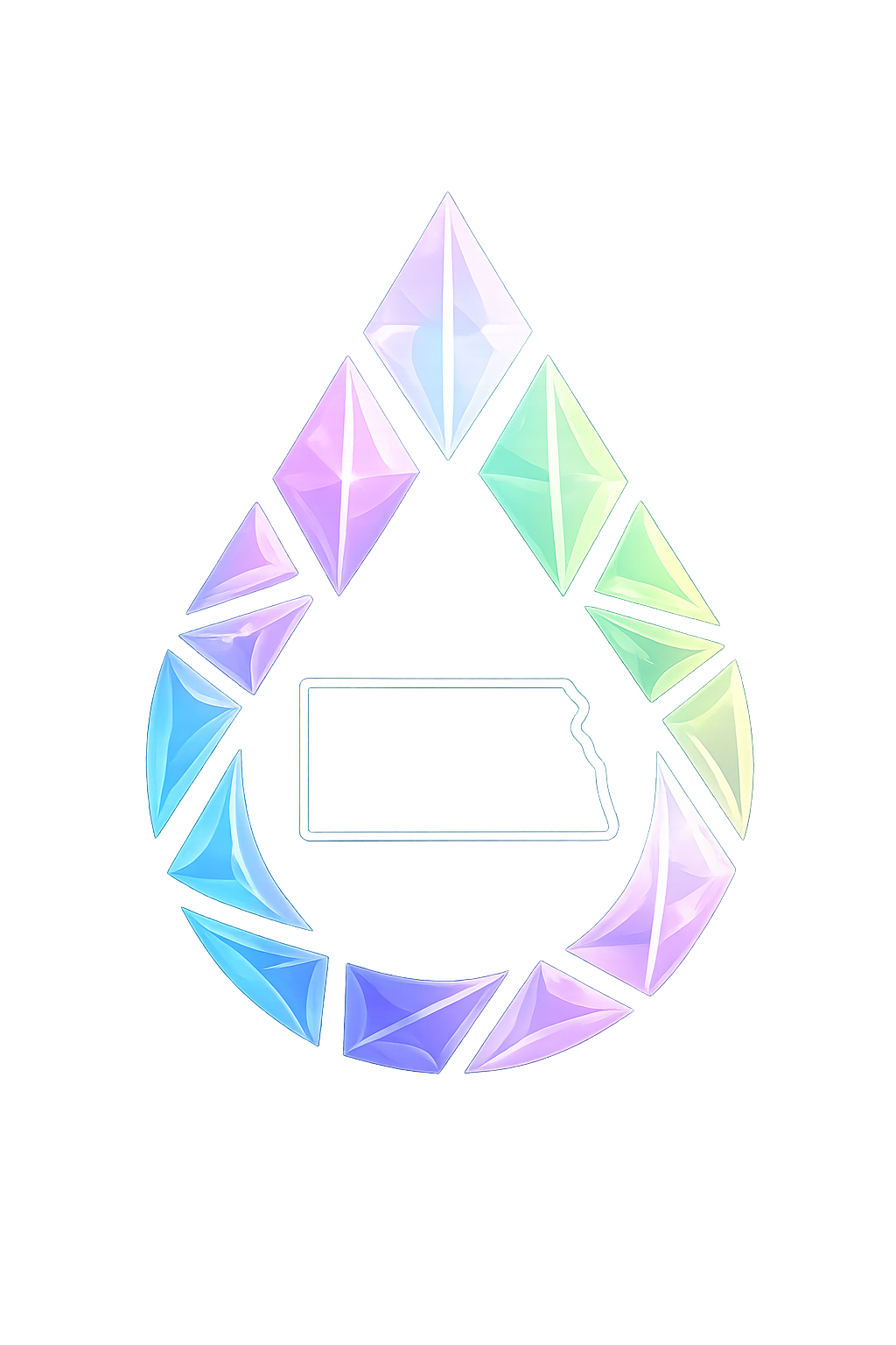 A digital illustration of a circle made of glowing, pastel-colored geometric crystal shapes with a blank rectangular sign in the center, set against a dark background.