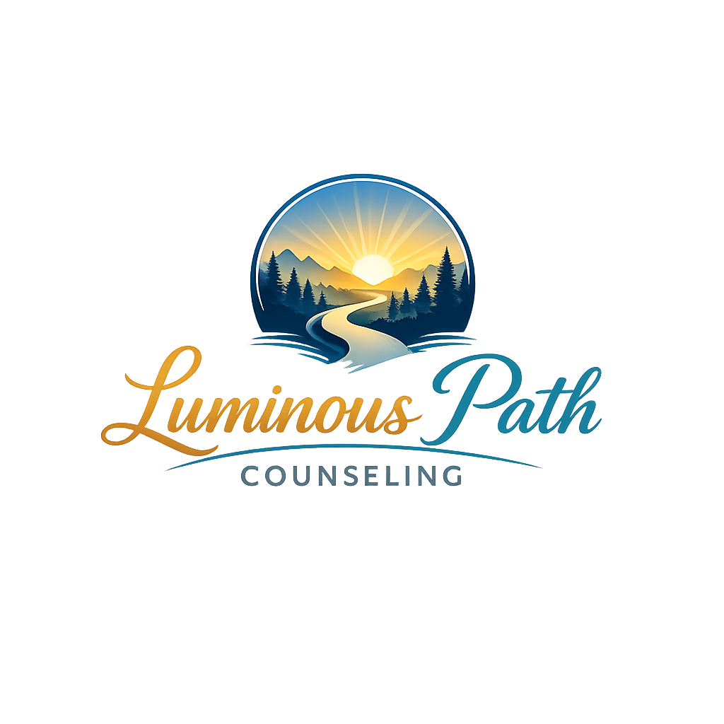 Logo for Luminous Path Counseling with a mountain landscape, river, and sunrise, featuring a warm glow and calming colors.