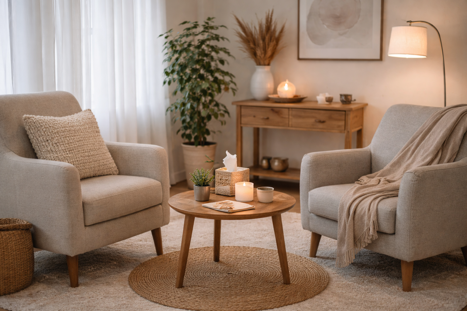 Cozy living room with two beige armchairs, a round wooden coffee table, candles, potted plant, rug, and a wooden sideboard decorated with vases and dried plants. Light filters through sheer curtains.