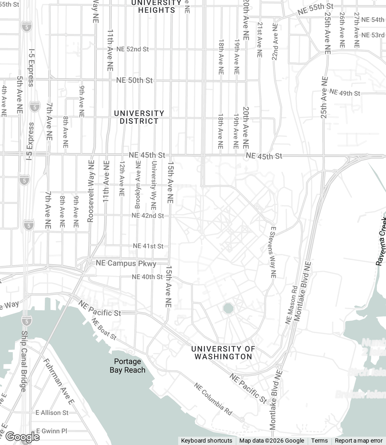 Map of the University of Washington campus in Seattle, showing streets and districts including the University District and Ne Portage Bay Reach area, with a focus on major roads and landmarks.
