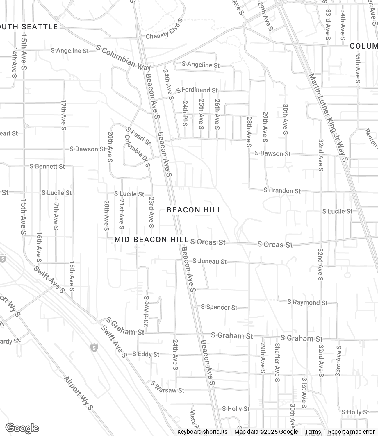Map of neighborhoods in South Seattle including Beacon Hill and Mid-Beacon Hill, showing streets such as S. Graham St, S. Juneau St, and S. Orcas St, with major roads like Beacon Ave S and 15th Ave S.