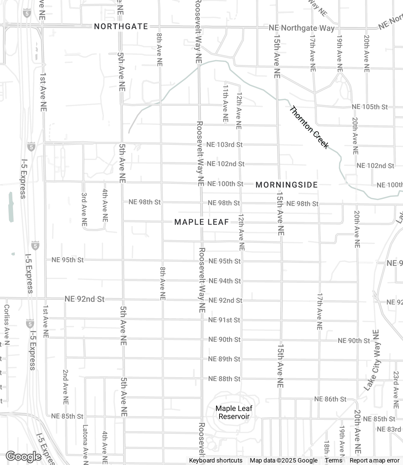 Map highlighting neighborhoods Maple Leaf and Morningside with streets and a creek, showing Northgate to the north and I-5 Express to the west.