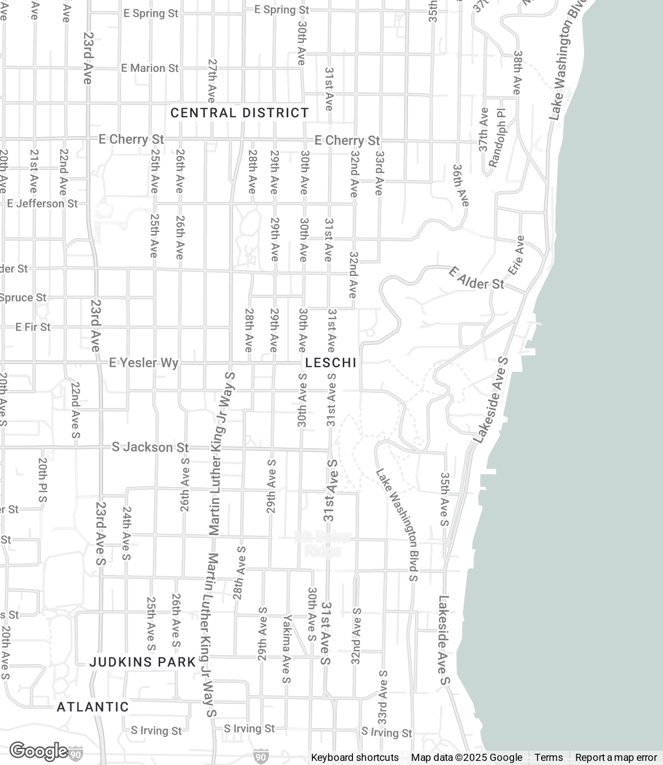 Map displaying neighborhoods and streets of a city, including Central District, Leschi, Judkins Park, and Atlantic, with lakeside views on the right.