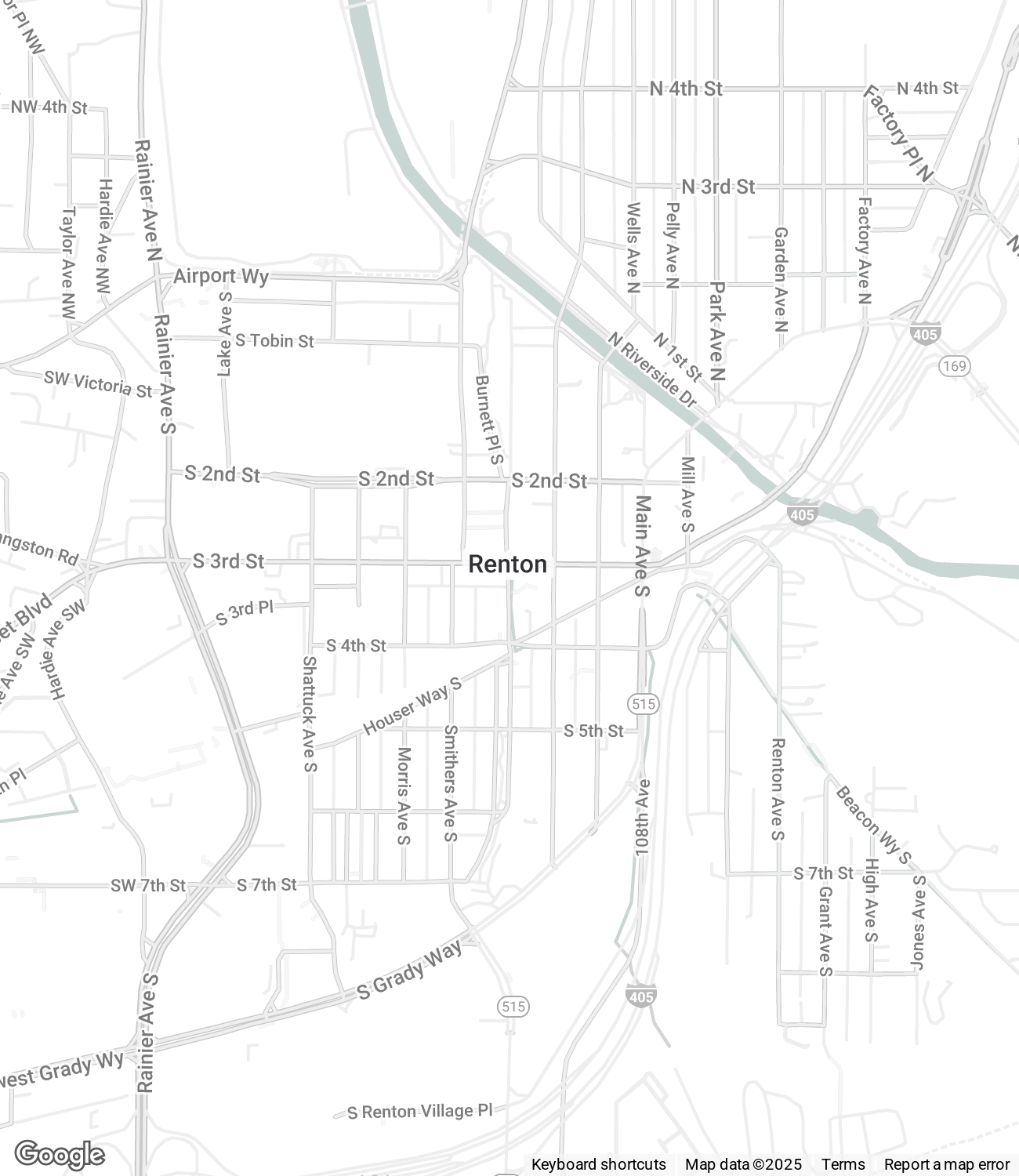 Map of Renton, Washington, showing streets, highways, and the Cedar River running through the city.