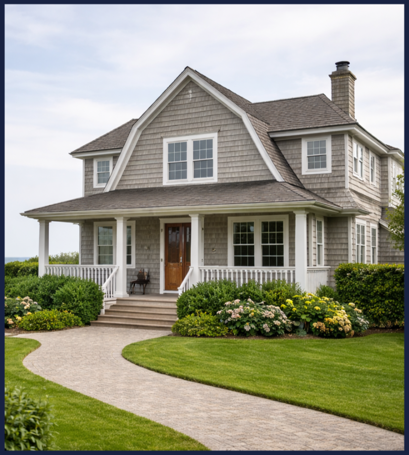 A two-story house with gray shingle siding, a front porch with white railings, and a curved brick pathway leading to the entrance, surrounded by well-maintained lawn and shrubs.