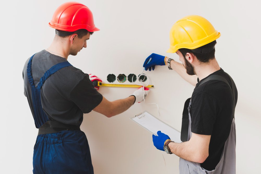 Two electricians wearing yellow and red hard hats working on electrical wiring through wall holes, using measuring tape and clipboard.
