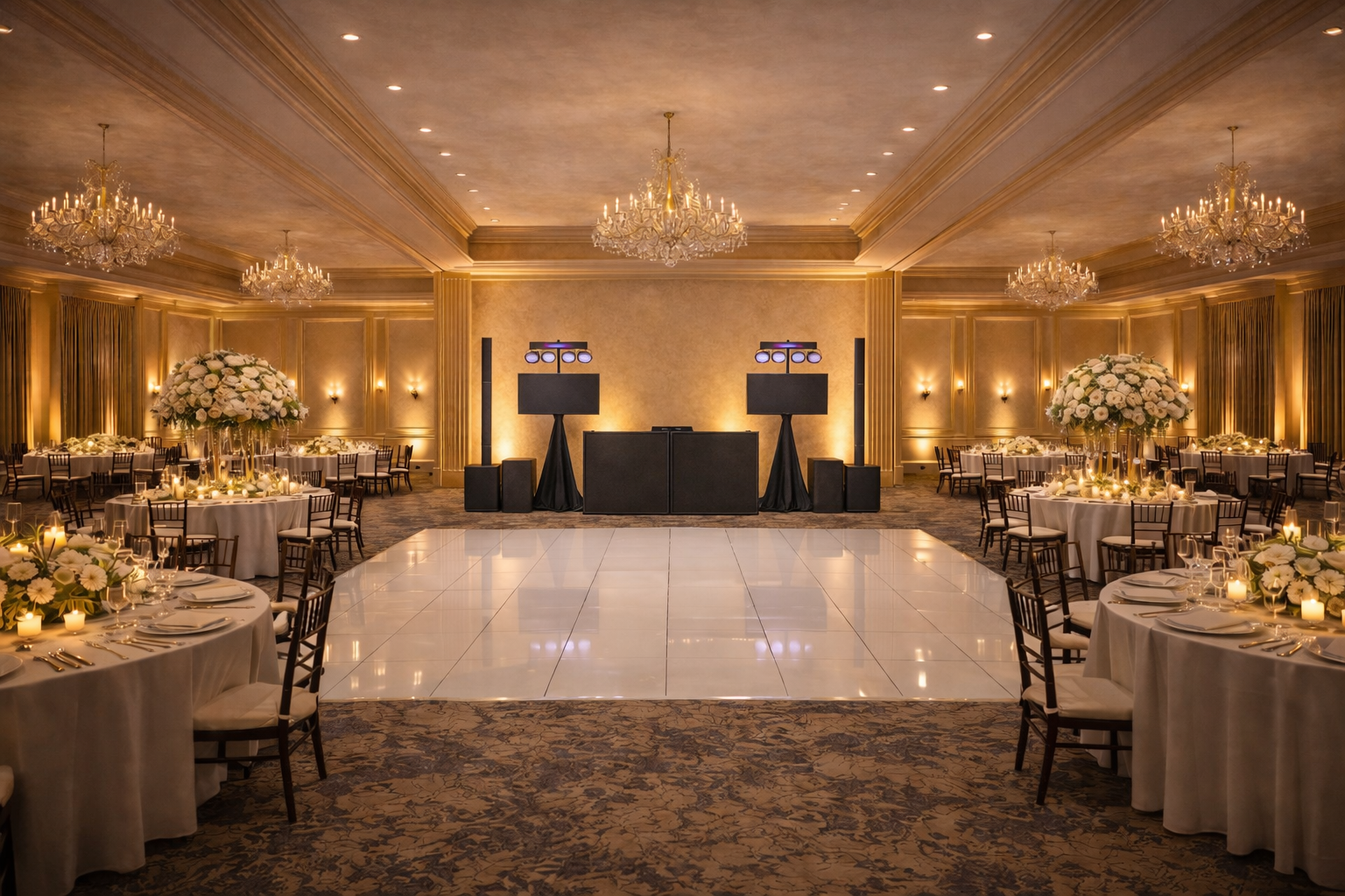 Elegant banquet hall decorated for a wedding reception with round tables, floral centerpieces, candles, and a DJ or sound system set up on a dance floor.