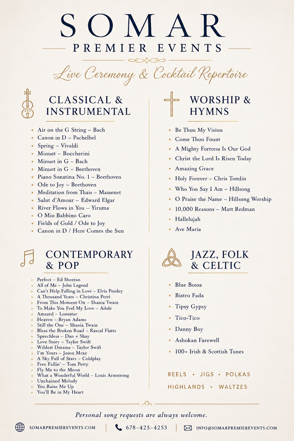 Event flyer for SOMAR Premier Events featuring live music and cocktail offerings, divided into sections: Classical & Instrumental, Worship & Hymns, Contemporary & Pop, Jazz, Folk & Celtic, with a list of song titles and artists in each category.
