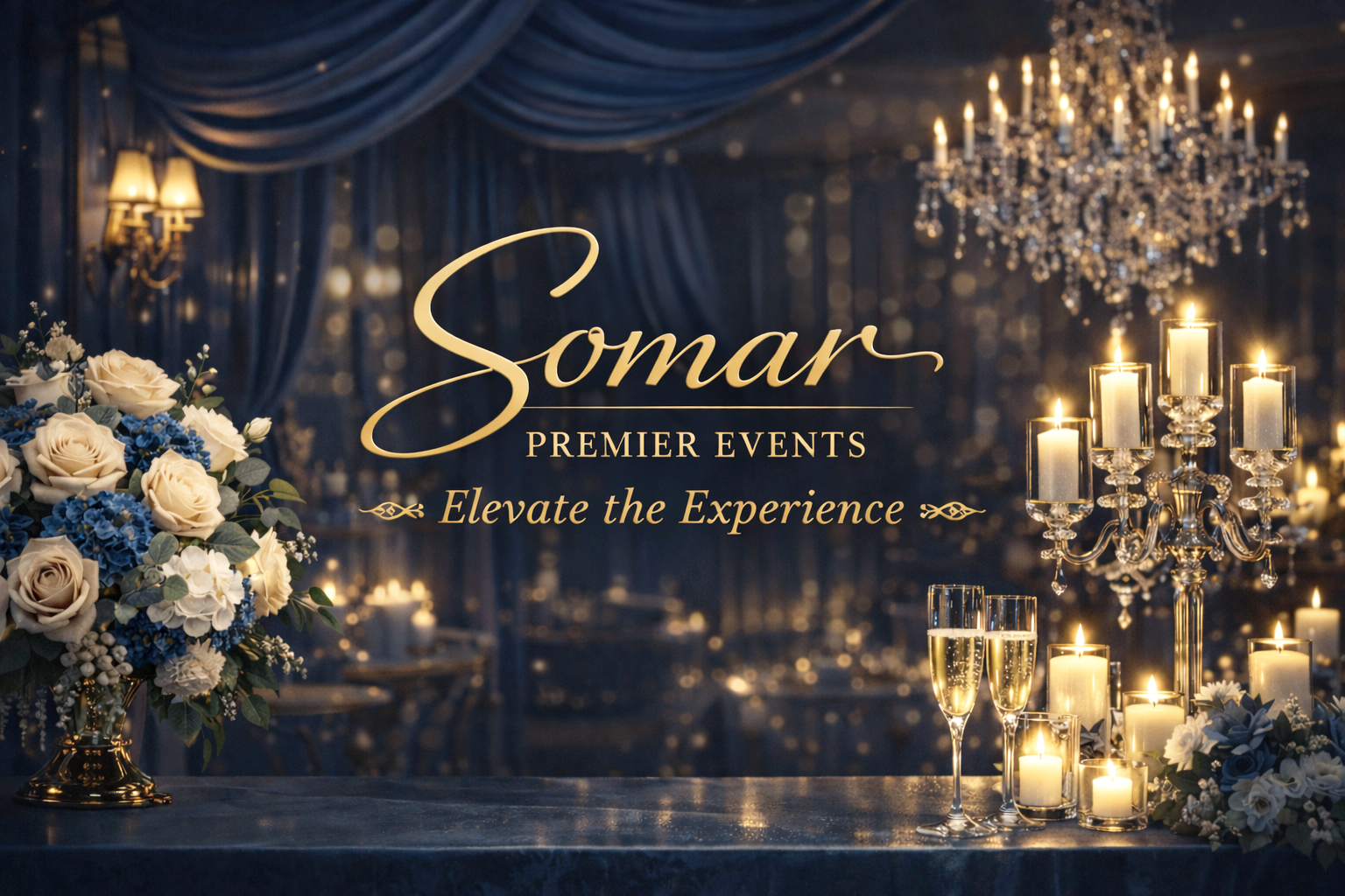 Elegant event setup with blue and white floral arrangements, candles, and a large chandelier in a darkened, luxurious venue. Overlay text reads 'Somar Premier Events, Elevate the Experience.'