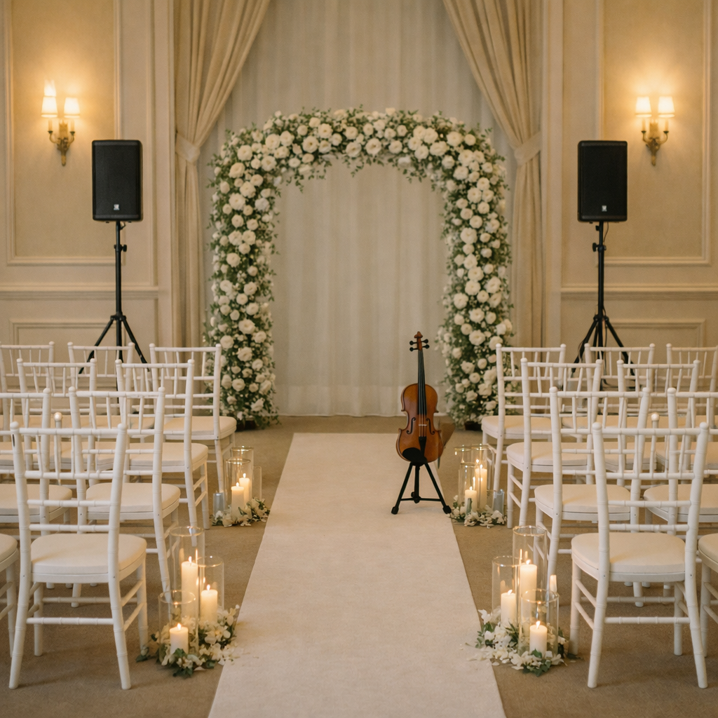 Wedding aisle with white chairs on both sides, decorated with candles and flowers, leading to a floral archway with white flowers, with a piano and two speakers setup in an elegant room.