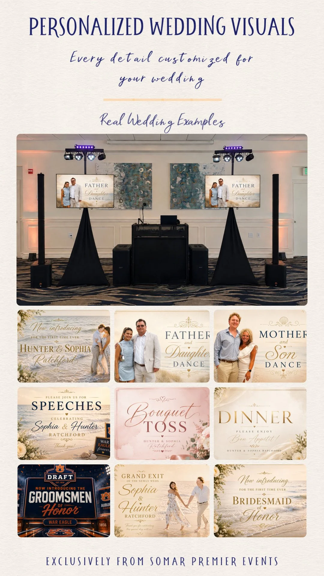 A wedding setup with a DJ station, two screens displaying a dance image with the words "Father & Daughter Dance," and various wedding-themed digital invitation graphics for Hunter & Sophia, the bride and groom, including wedding announcements, speeches, bouquet toss, dinner, grand exit, and bridesmaid introductions.