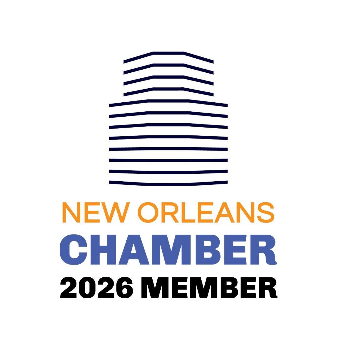 Logo for the New Orleans Chamber featuring a stylized building with black lines, and text in orange, blue, and black that reads 'New Orleans Chamber 2026 Member'.