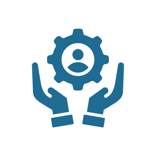 Icon of two hands holding a gear with a person's silhouette inside it, symbolizing support or management.