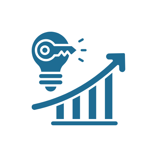 An icon of a lightbulb with a key inside it, connected to an upward-trending bar graph, representing innovative growth or ideas.