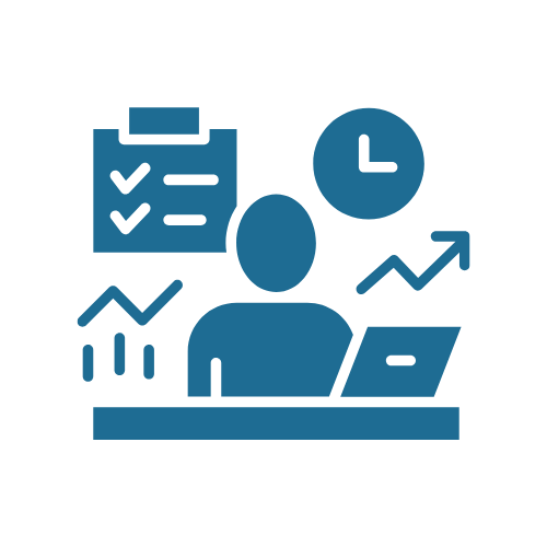 Icon of a person at a desk with a laptop, a clipboard with checkmarks, a clock, and upward arrows indicating growth or progress.