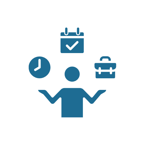 Icon of a person with arms raised, surrounded by a clock, a calendar with a check mark, and a briefcase, representing time management and work planning.
