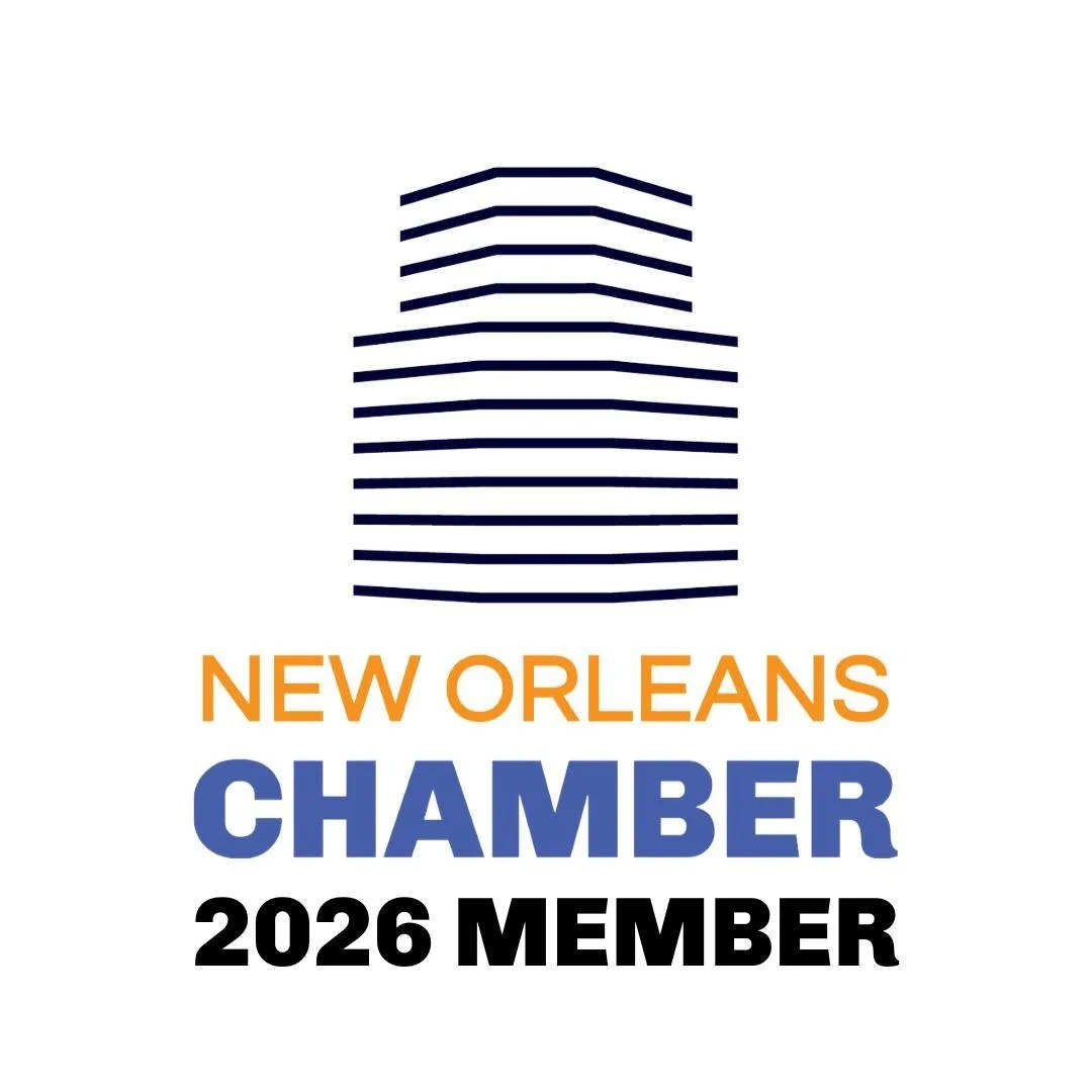 Logo for the New Orleans Chamber featuring a stylized building with black lines, and text in orange, blue, and black that reads 'New Orleans Chamber 2026 Member'.