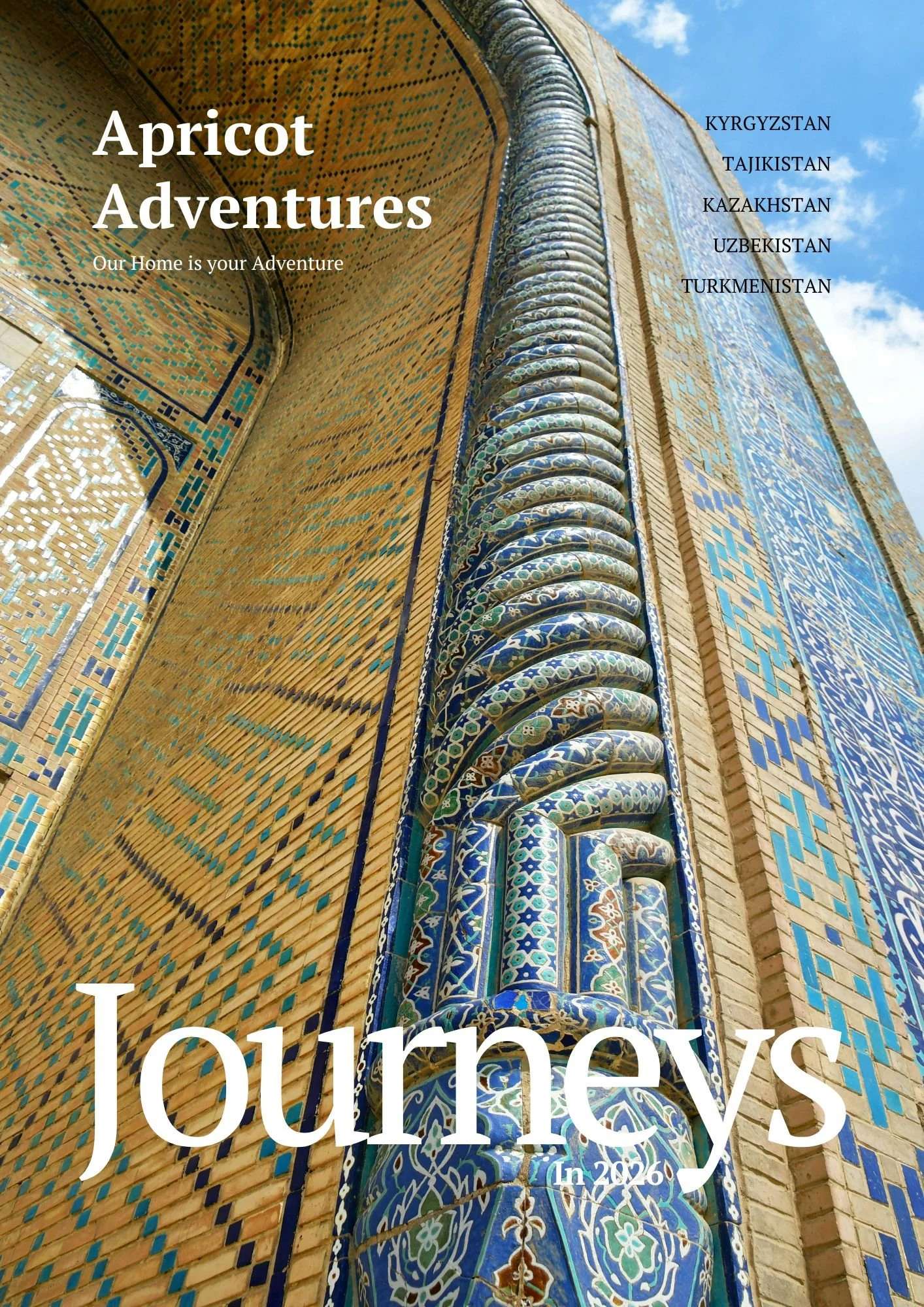 The cover of a travel magazine titled 'Apricot Adventures.' The background features a tall, ornate building with intricate tile work, likely part of a historic landmark in Central Asia, under a partly cloudy sky.