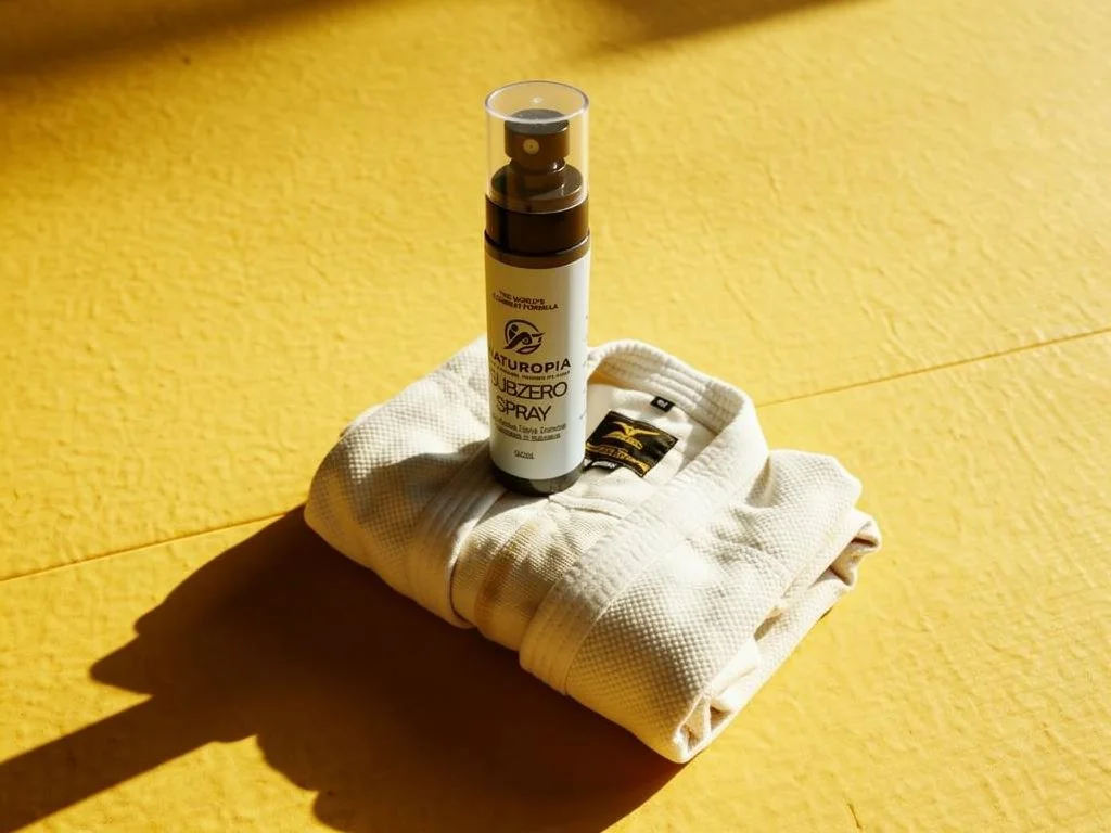 A rolled white karate uniform with a patch, topped with a spray bottle of Naturopia Subzero spray, placed on a yellow surface.