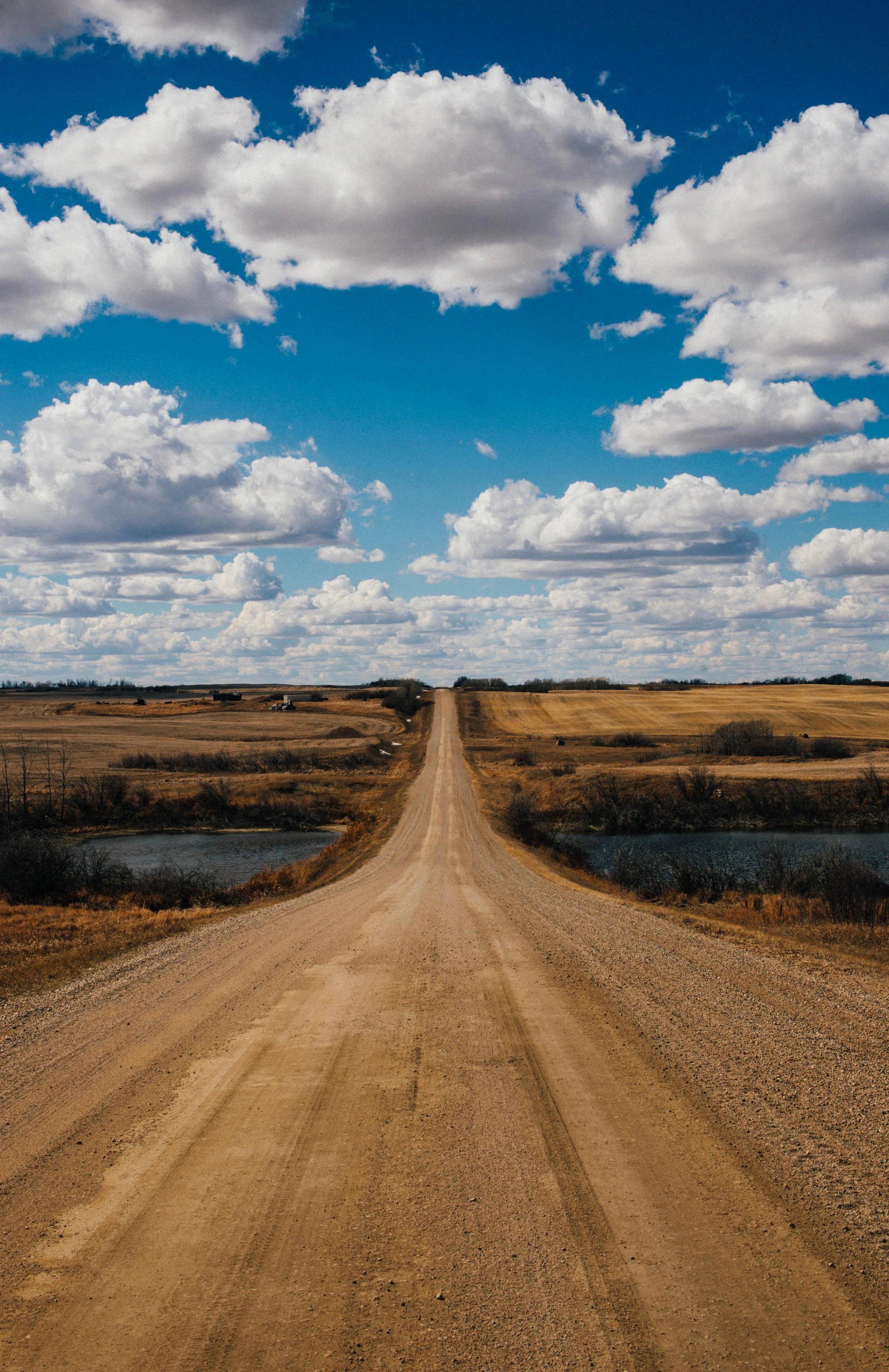 A long, straight dirt road extending into the horizon over a rural landscape with grass fields, small ponds, and scattered trees under a blue sky with many white puffy clouds.