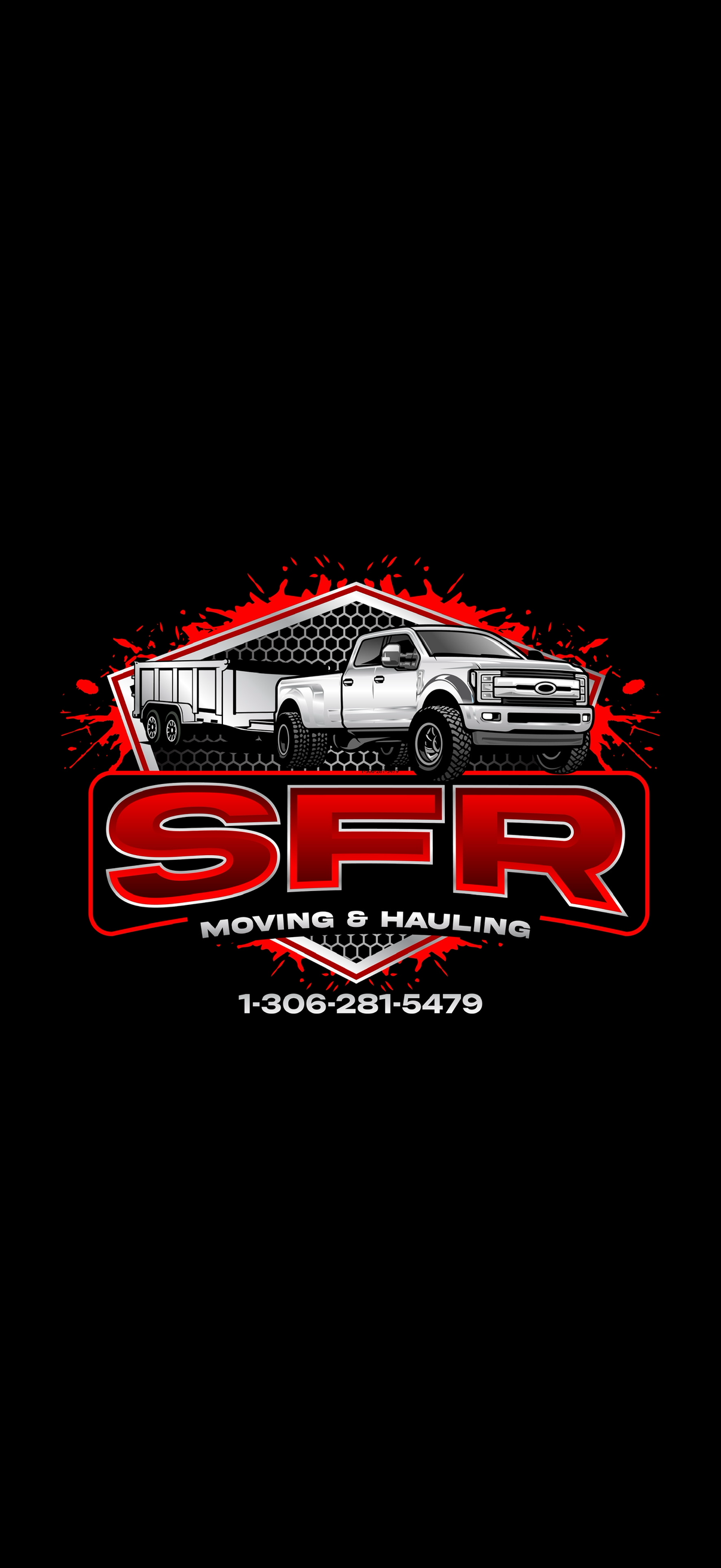 Logo for SFR Moving & Hauling featuring a silver truck, with red and black design elements, and the company's contact number.