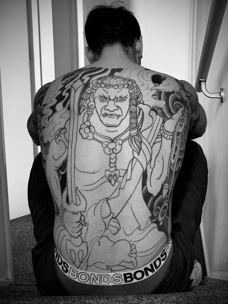 Oto's journey so far. We started a few years ago with karajishi to botan half sleeves, later extending them to full sleeves. A year later Oto committed to the start of the main piece, the Fudo Myo-o backpiece. It's a journey, sometimes with sessions 