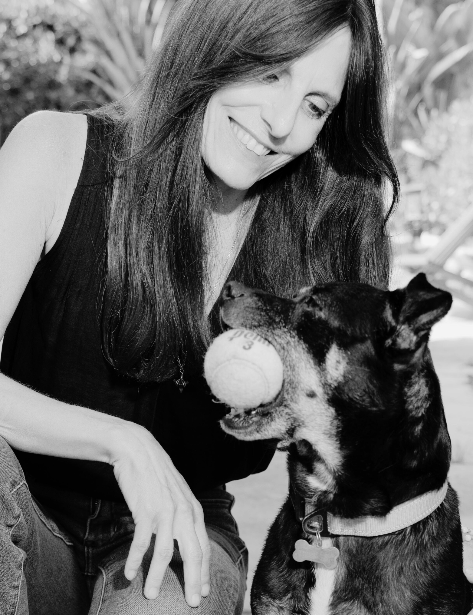 A woman with long hair smiling and playing fetch with her dog, which is holding a tennis ball in its mouth.