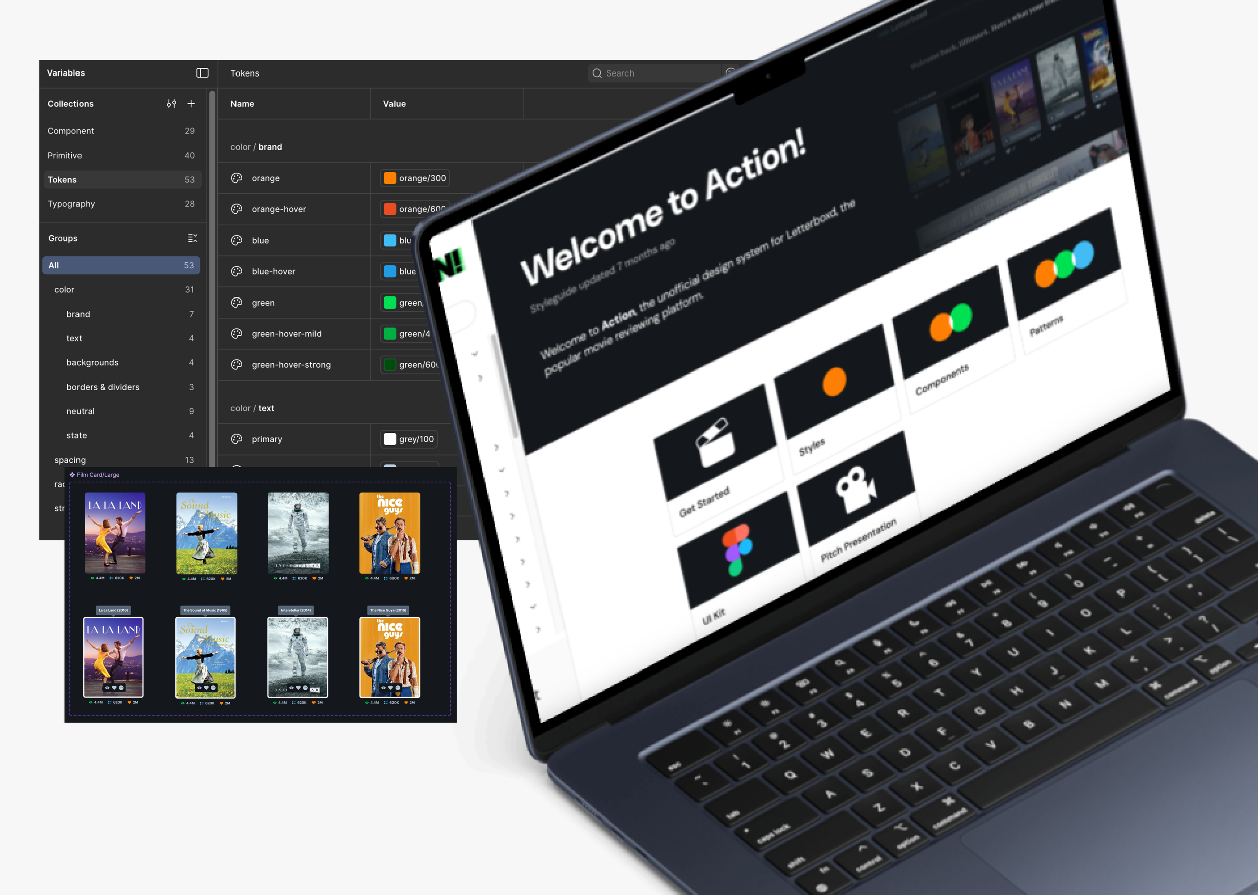 A laptop displaying a website titled 'Welcome to Action!' with sections for getting started, styles, components, patterns, UI kit, and pitch presentation. Behind the laptop, a screen shows a design tool with color and token variables, and a digital asset panel with images of album covers and other graphics.