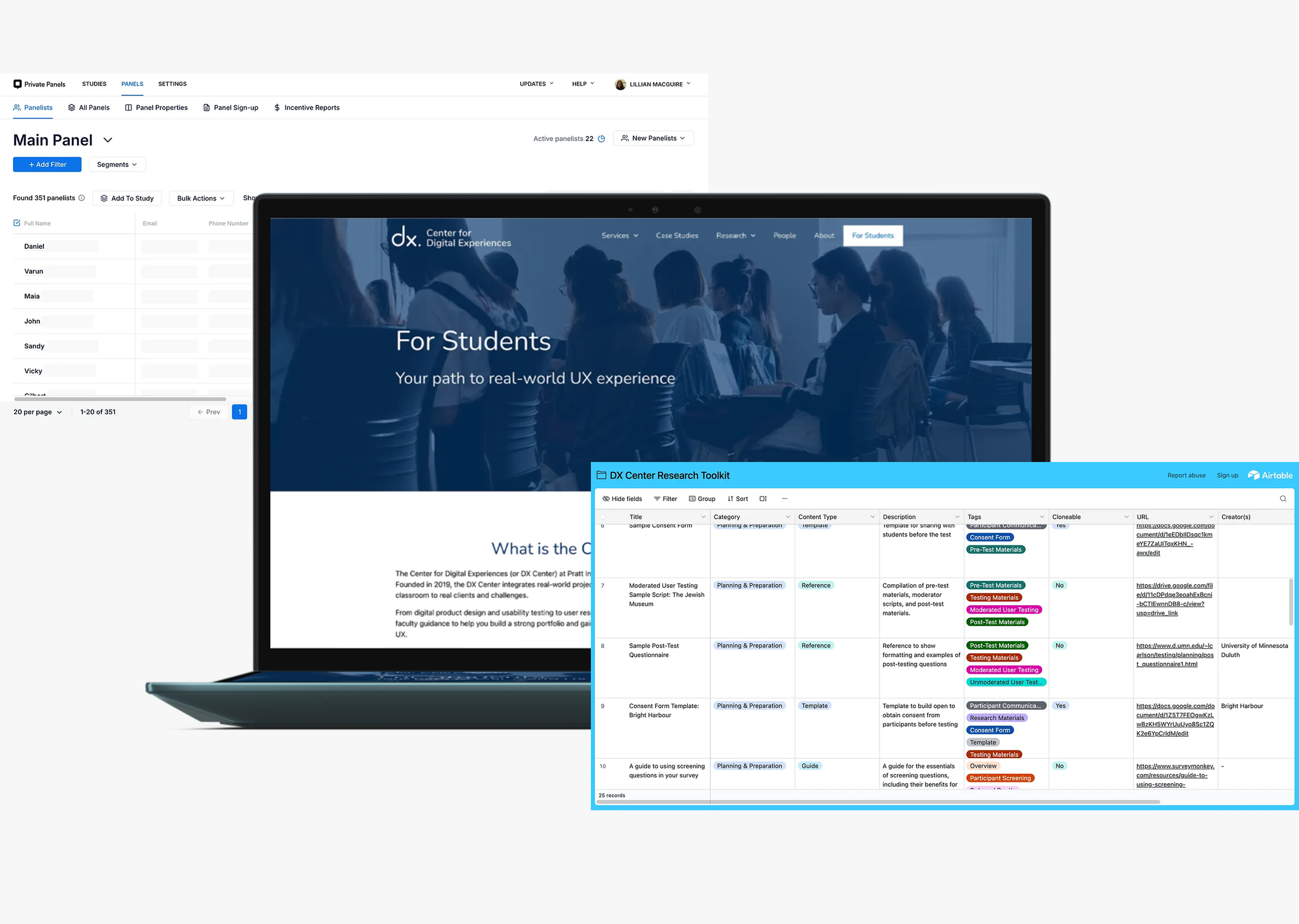 A computer screen showing a webpage titled 'For Students' and a research toolkit table from the Center for Digital Experiences, with an overlay of a dashboard listing panelists and their details.