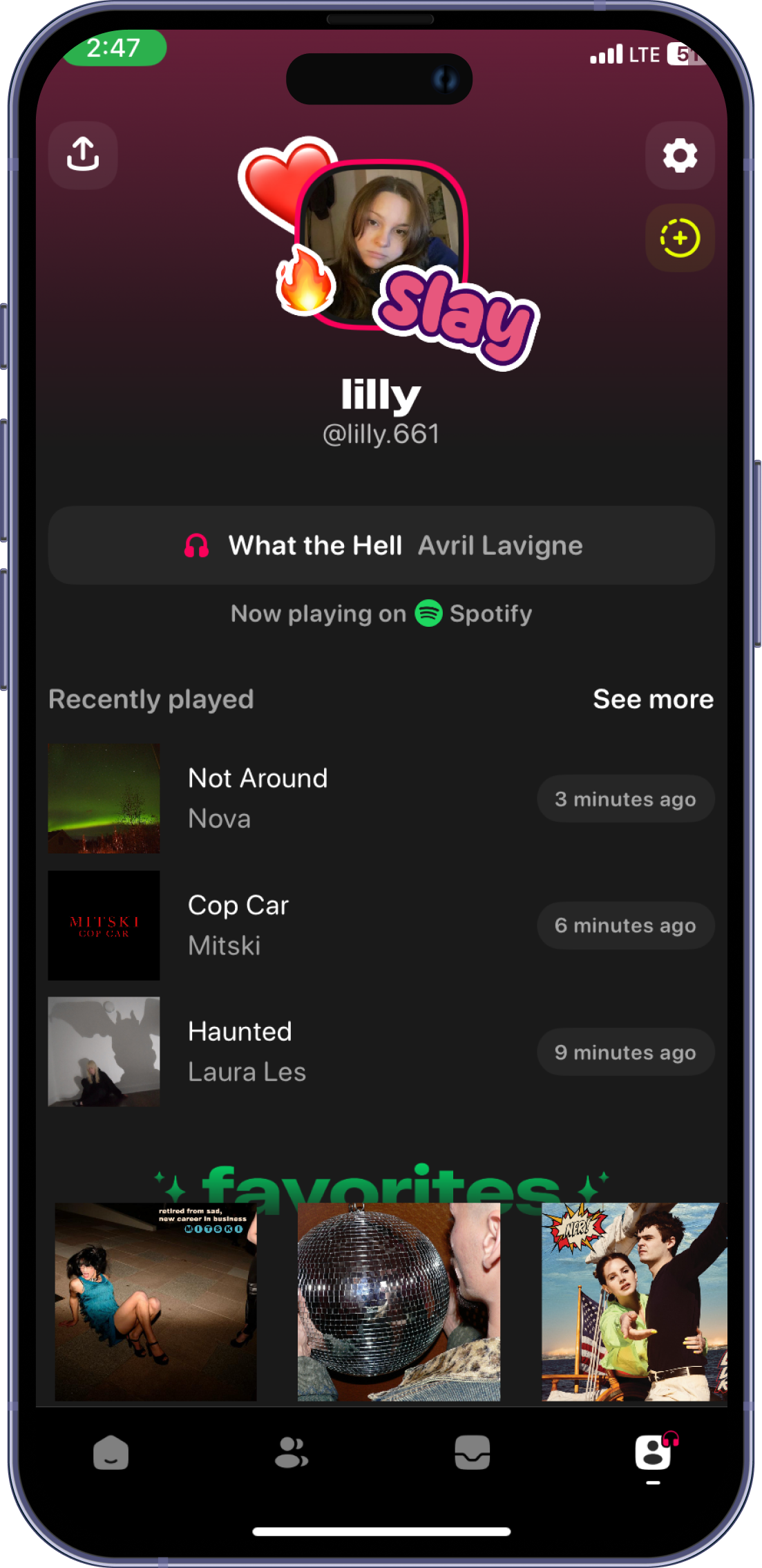 TikTok profile page of user Lilly, with a profile picture of a young woman, surrounded by stickers including a heart, flame, and "slay". The profile shows currently playing music, recently played tracks, and a row of photos at the bottom.