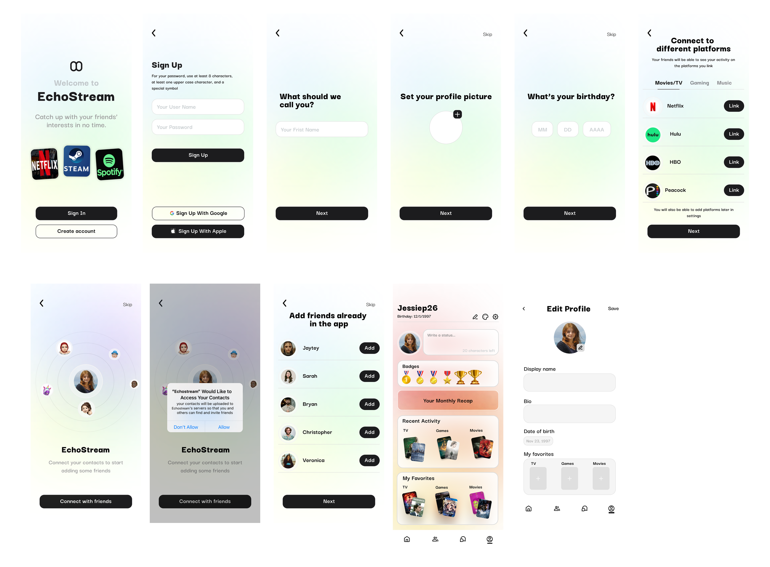 Screenshots of a mobile app interface, showing onboarding, sign-up, profile setup, connecting with friends, and profile editing screens for EchoStream, a social app.