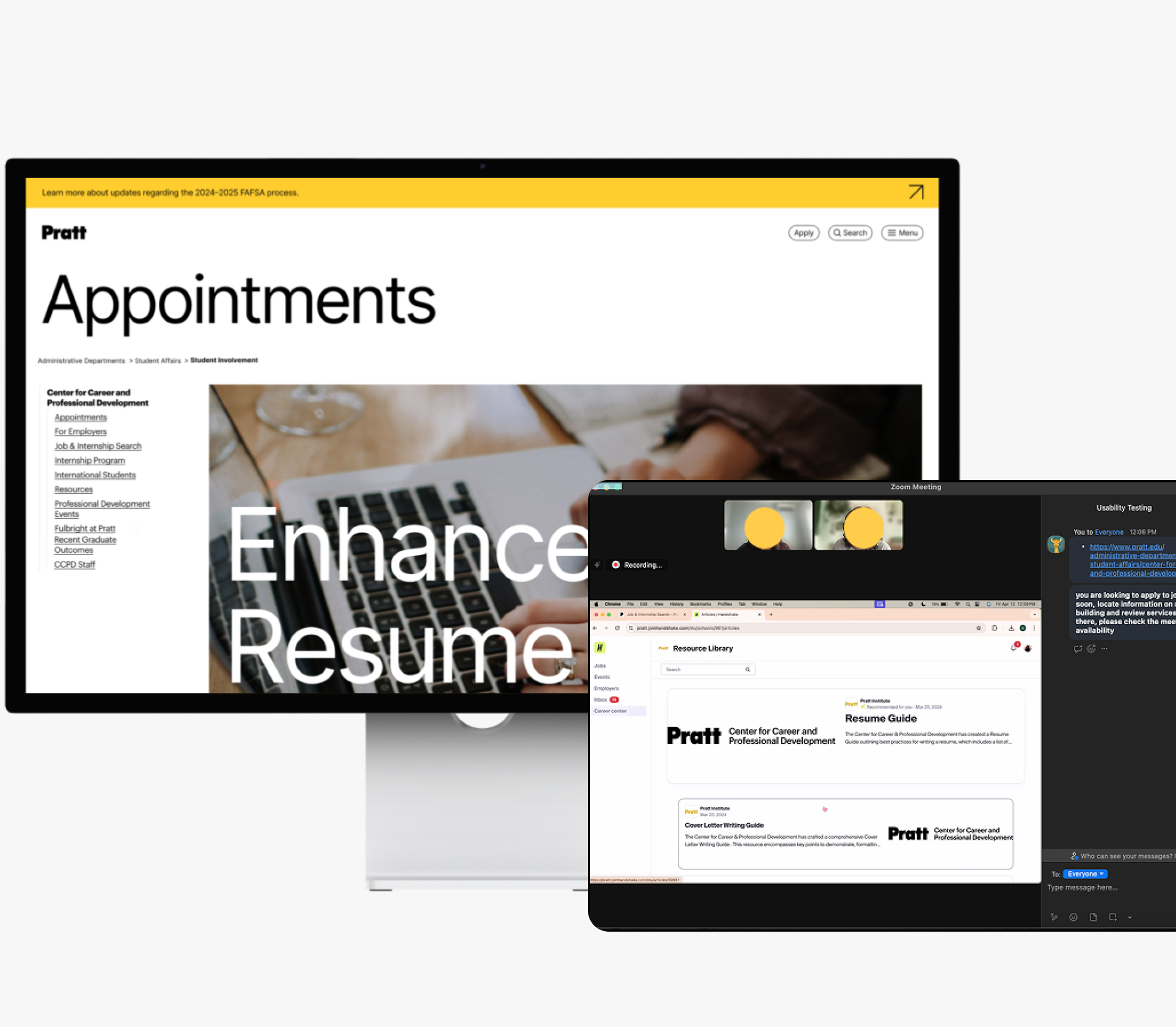 Screenshot of a computer screen displaying an online appointment page for Pratt Center for Career and Professional Development with the words "Appointments" and "Enhance Resume". A smaller overlay window shows a Zoom meeting with two participants, a resource library, and messaging interface.