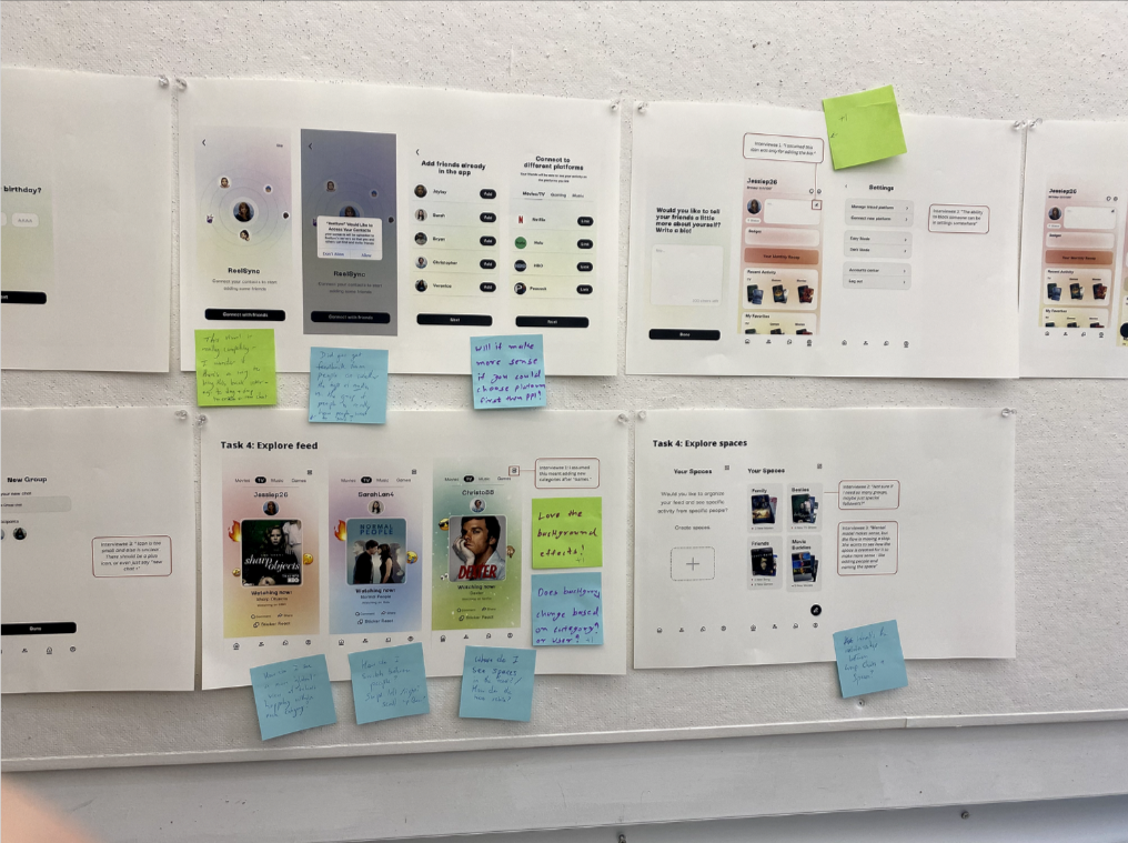 Collection of printed digital app interface mockups, notes, and sticky notes pinned to a white board, showing app design elements and user interface sketches.