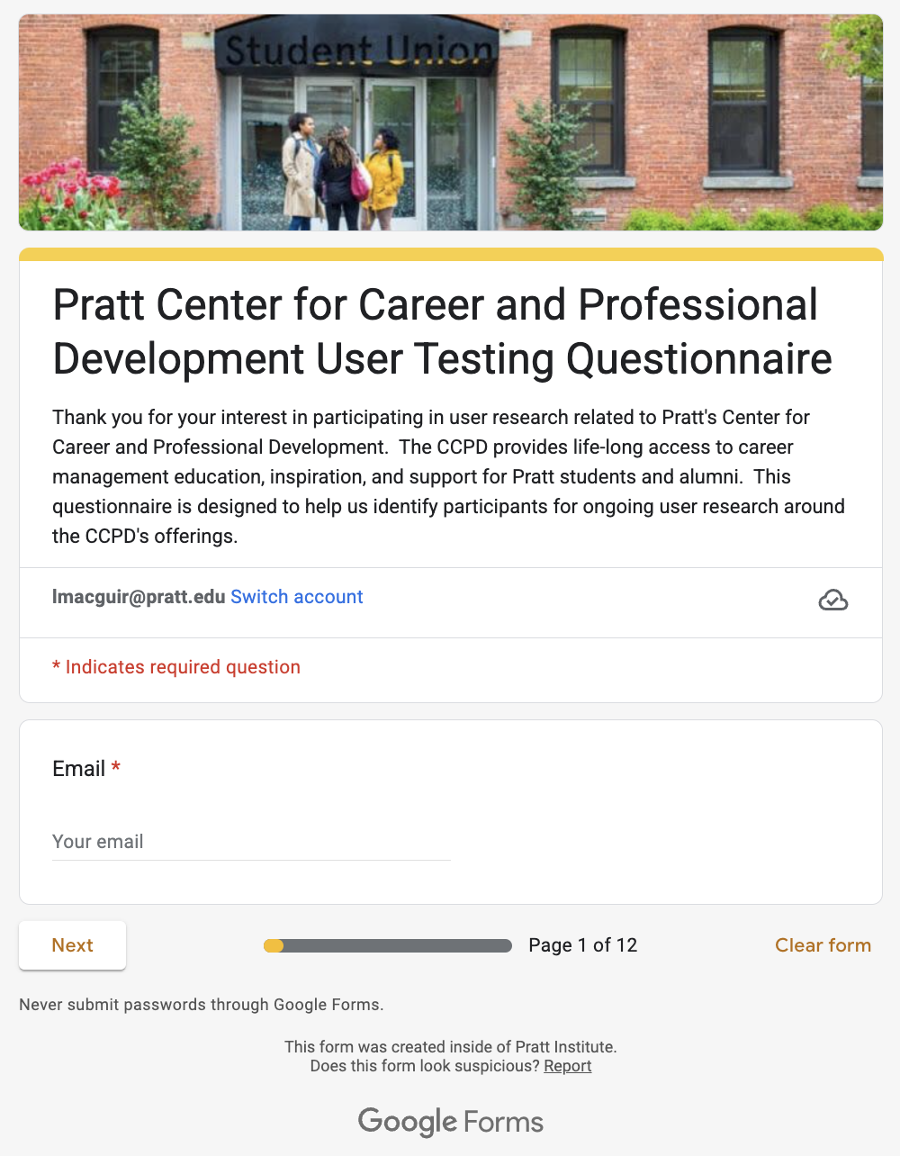Photo of a brick building with a sign reading 'Student Union' and three students talking outside, part of a user testing questionnaire for the Pratt Center for Career and Professional Development.