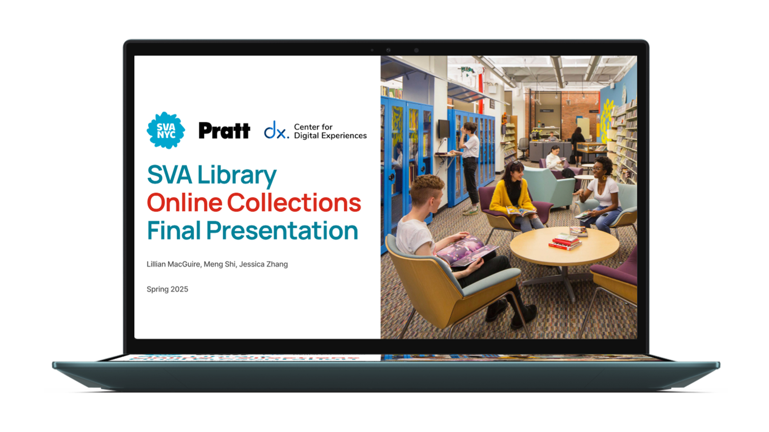Laptop screen displaying a presentation slide titled 'SVA Library Online Collections Final Presentation' with logos, students reading, and studying in a library.