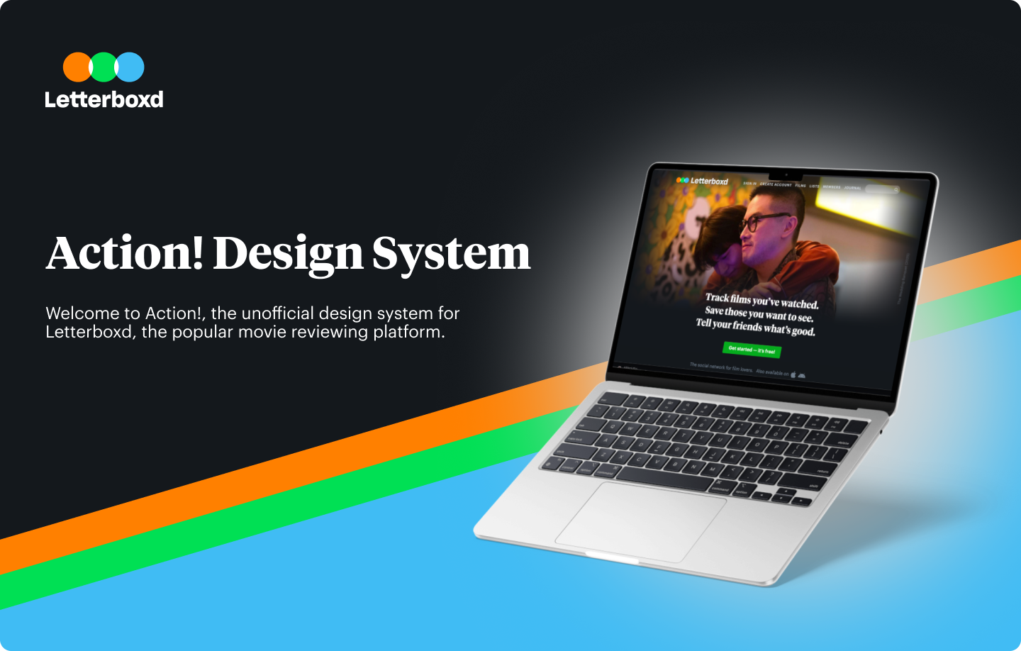 A promotional graphic for Letterboxd's Action! Design System, featuring a laptop displaying the platform's interface against a background with black, orange, green, and blue diagonal stripes.