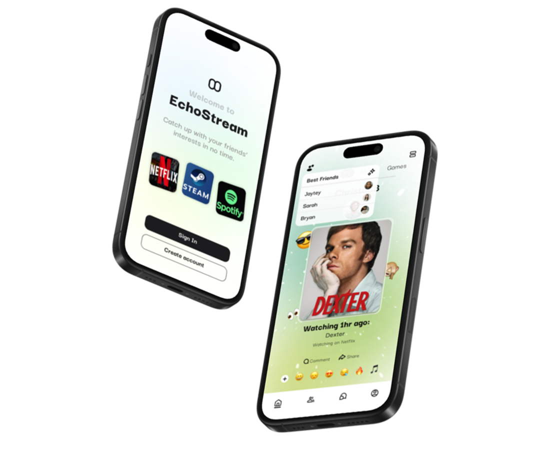 Two smartphones displaying social media and streaming app interfaces, with one showing the EchoStream login screen featuring Netflix, Steam, and Spotify icons, and the other showing a user's profile watching Dexter on Netflix.