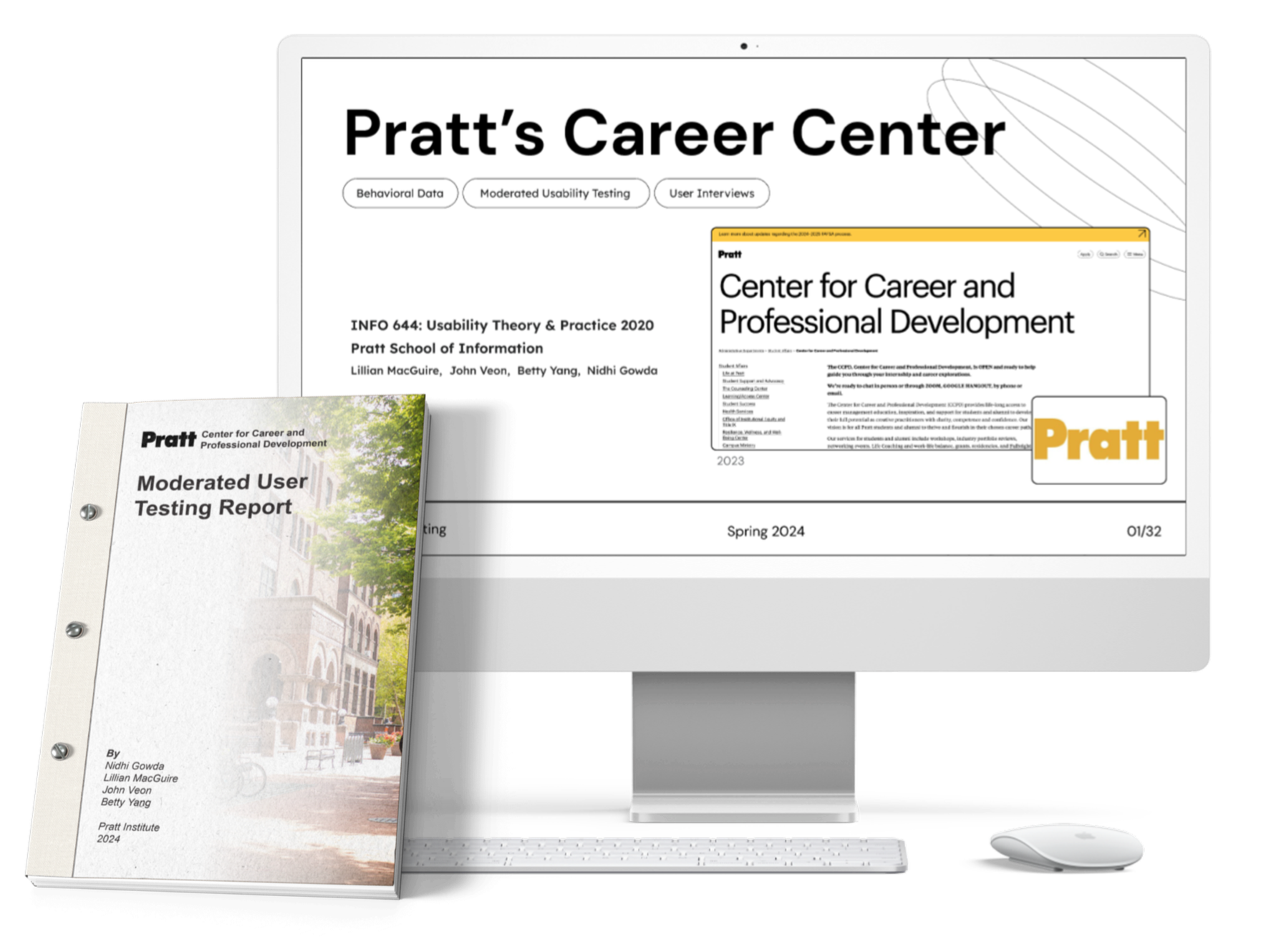Computer monitor displaying Pratt's Career Center webpage, with a document titled 'Center for Career and Professional Development' in a small window. A physical report titled 'Moderated User Testing Report' and a booklet titled 'Pratt Center for Career and Professional Development' are on the desk in front of the monitor.