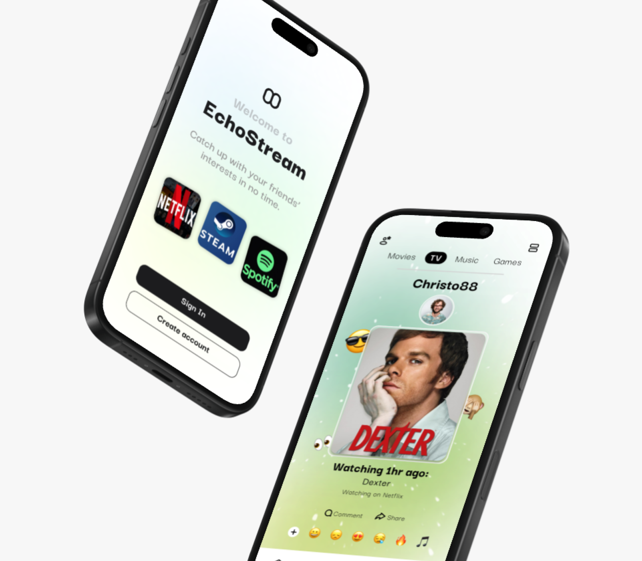 Two smartphones displaying the Echostream app, one showing login options with Netflix, Steam, and Spotify apps, and the other showing user profile viewing a Netflix show called Dexter.