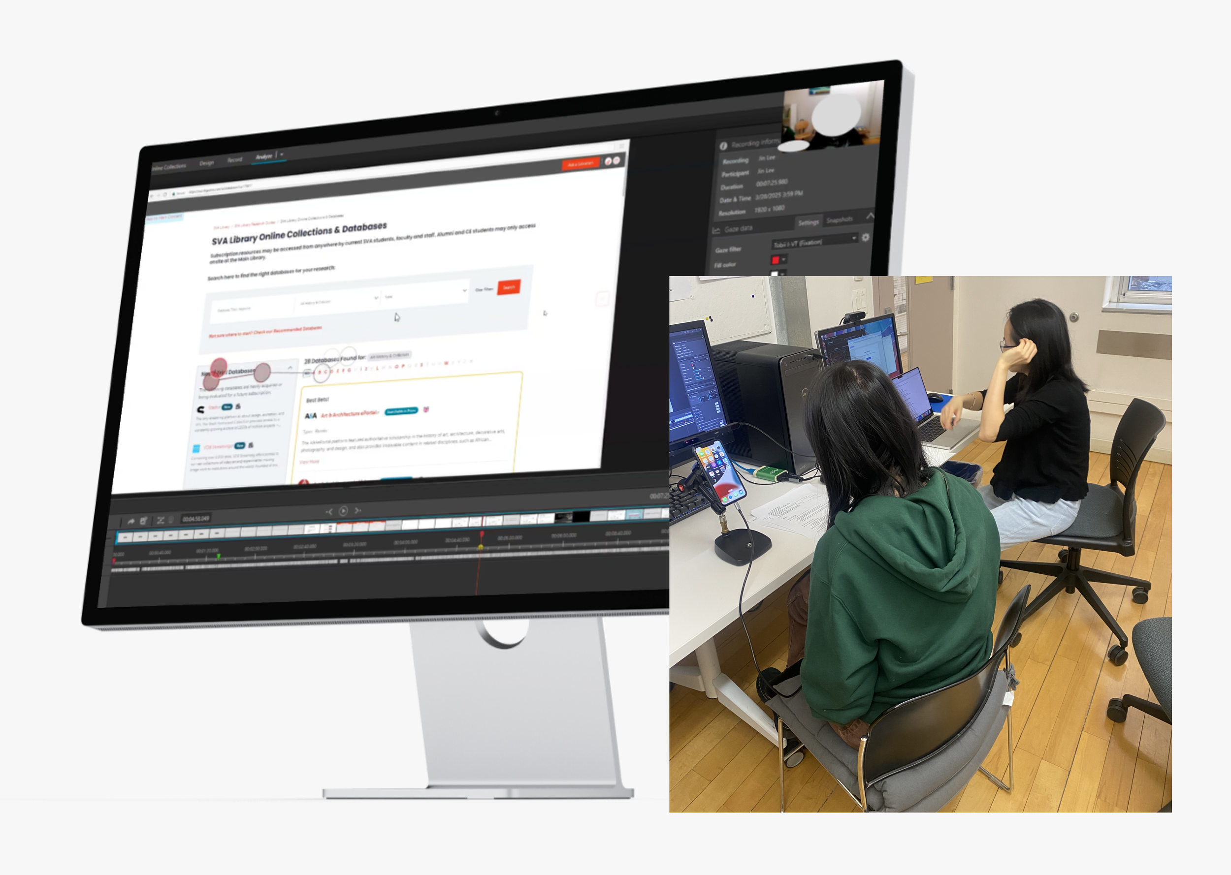 Two women working at computers in an office, with a large computer monitor displaying a website and video editing software.