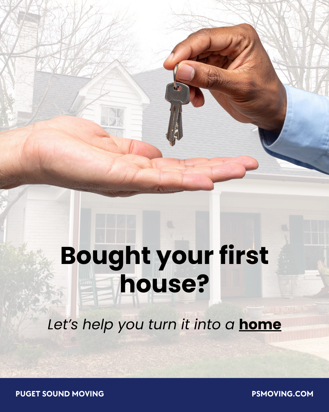 A person handing over a key to another person in front of a house, with text overlay promoting home buying assistance.