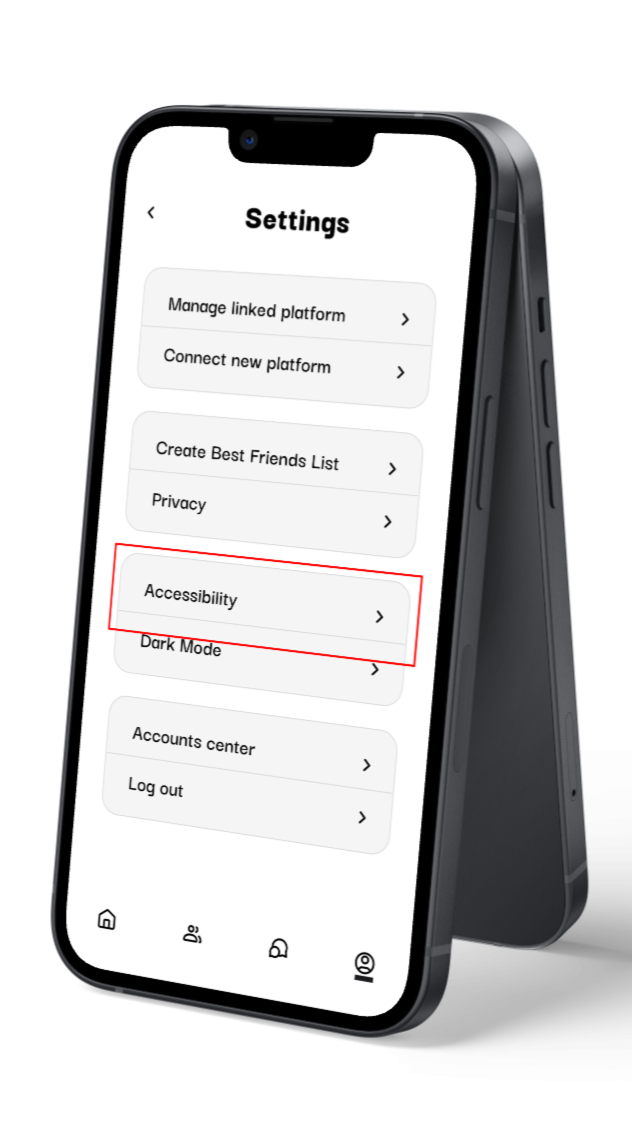 Smartphone screen displaying app settings menu with options for managing linked platforms, creating friends list, privacy, accessibility, dark mode, account center, and log out.