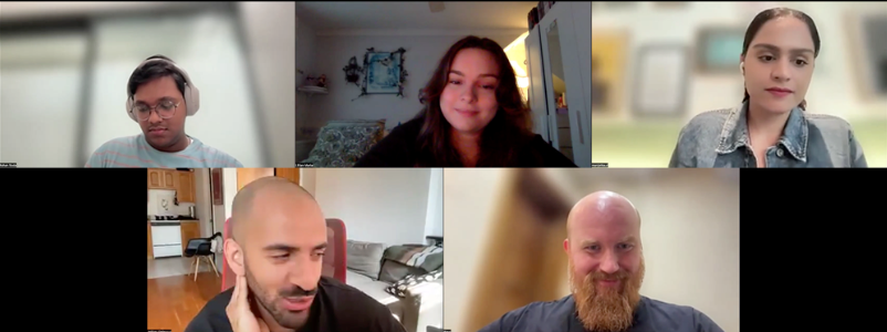 Six people participating in a video call, each in their own video window, with varied backgrounds including a home interior.