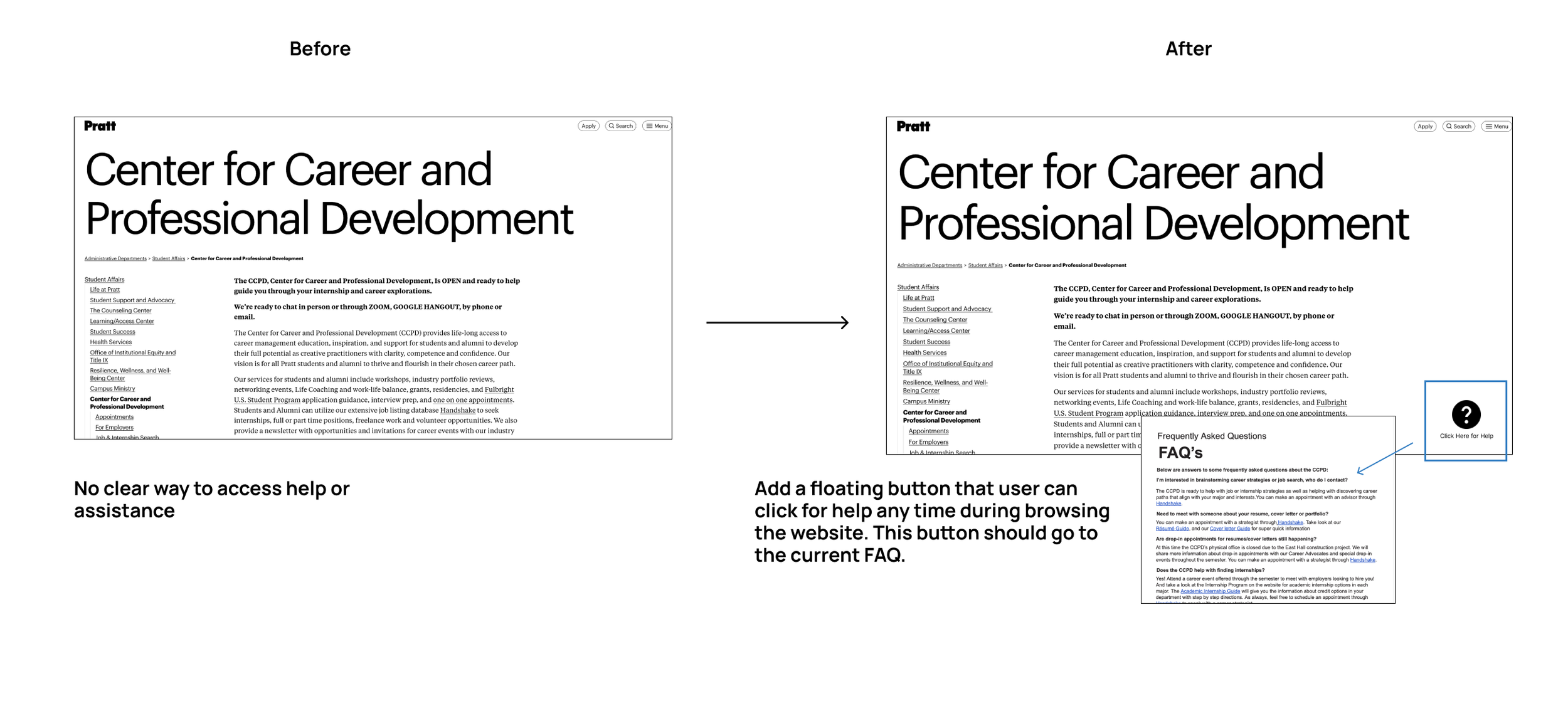 Comparison of previous and revised webpage designs for the Center for Career and Professional Development, highlighting added floating help button linking to FAQ section.