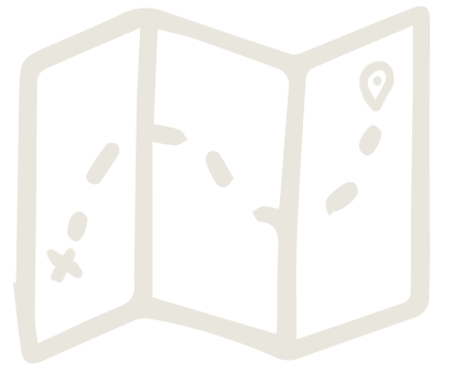 A simple, light-colored drawing of a folded map with location and directional markers.