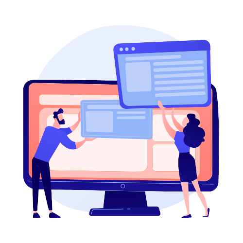 Illustration of man and woman organizing digital windows or screens on a large computer monitor.