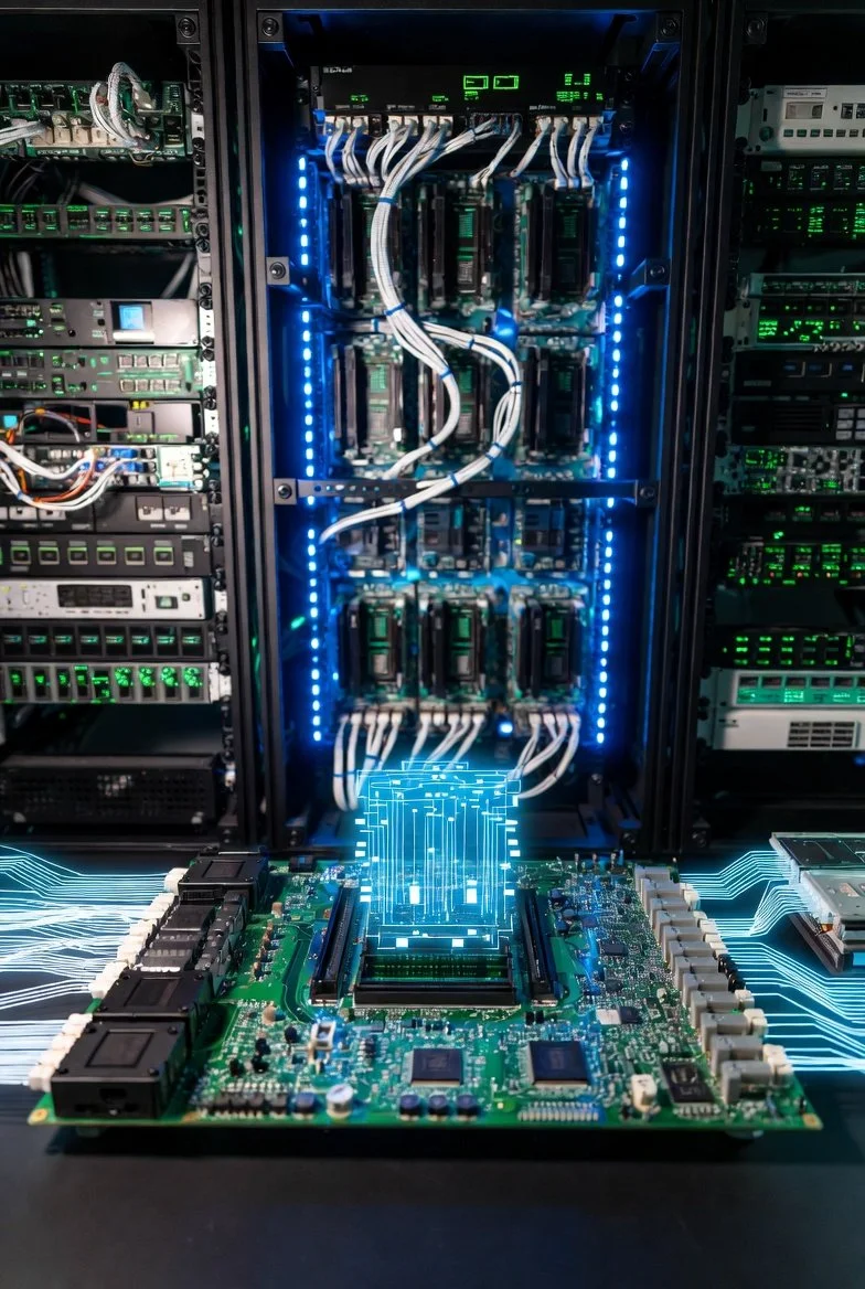 A futuristic depiction of a computer server with a circuit board connected to a digital hologram floating above it, representing advanced computing technology.