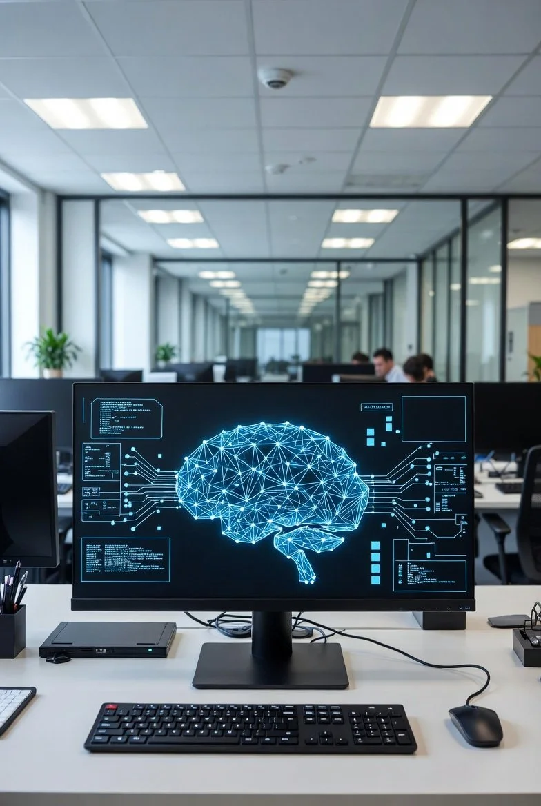 Computer monitor displaying a digital illustration of a brain with interconnected lines and data surrounding it, in an office setting.
