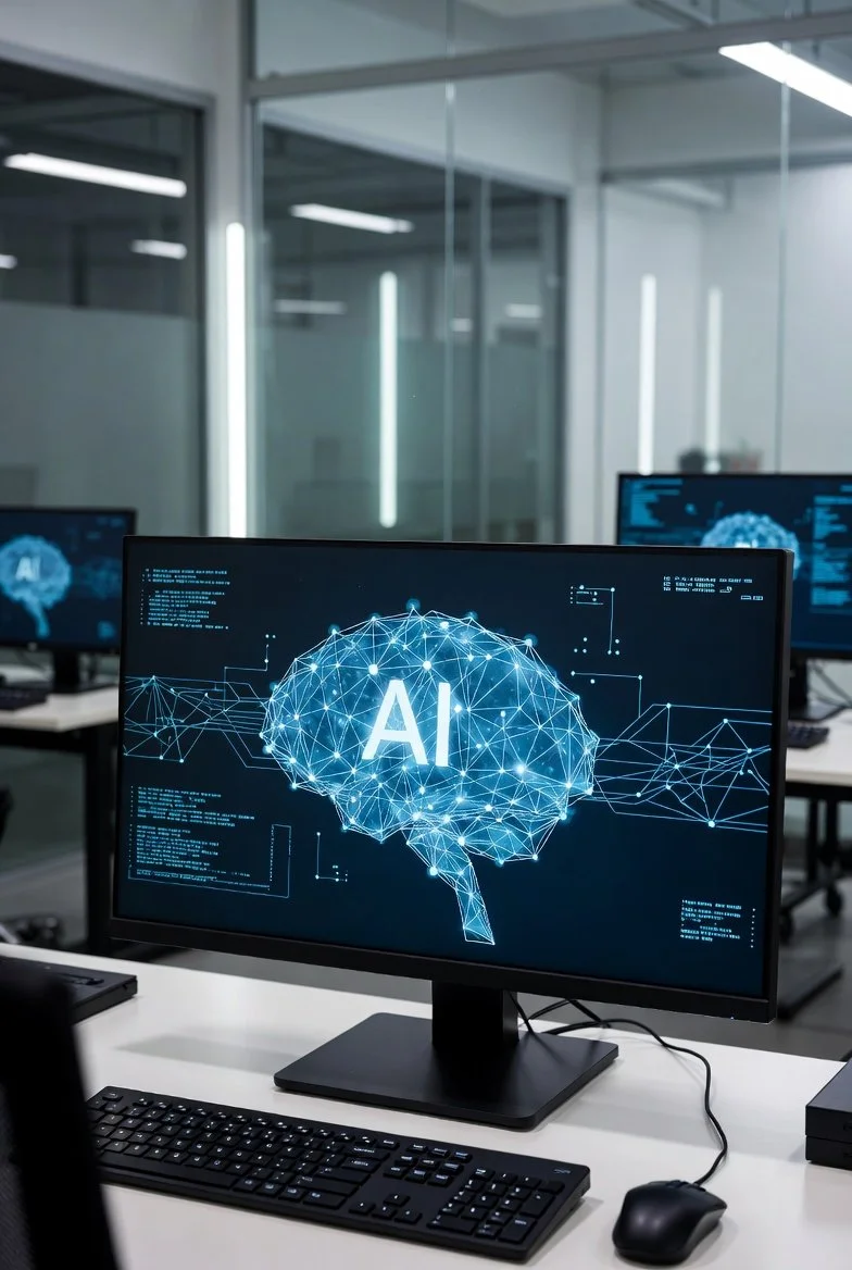 Computer monitor with a digital graphic of a brain and the letters "AI" in the center, set in a modern office environment.